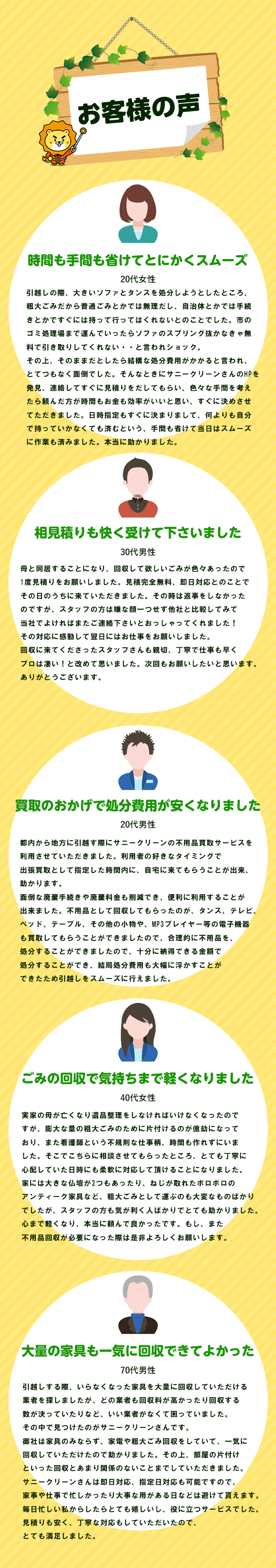 お客様の声。時間も手間も省けてとにかくスムーズ。相見積もりも快く受けてくださいました。買取のおかげで処分費用が安くなりました。ゴミの回収で気持ちまで軽くなりました。大量の家具も一気に回収できて良かった